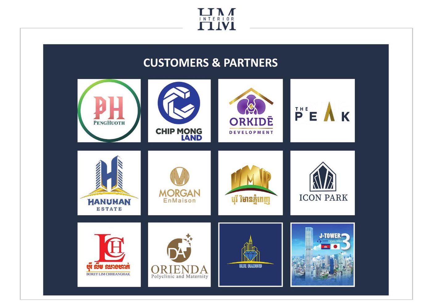 HM Interior & Build Cambodia customers and partners including Chip Mong Land, Orkide Development, Hanuman Estate and The Peak